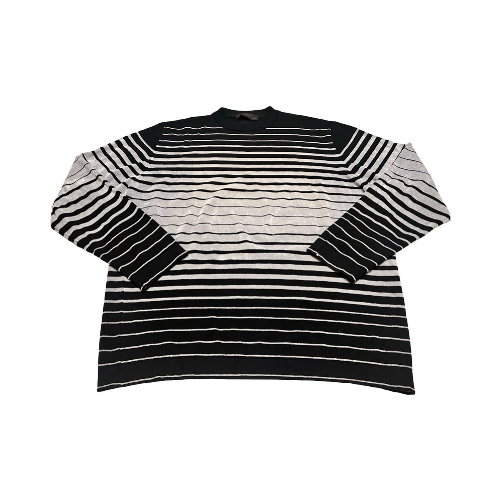 Puntodue Italy Mens Merino Wool Blend Striped Crew Neck Sweater Black Grey Large